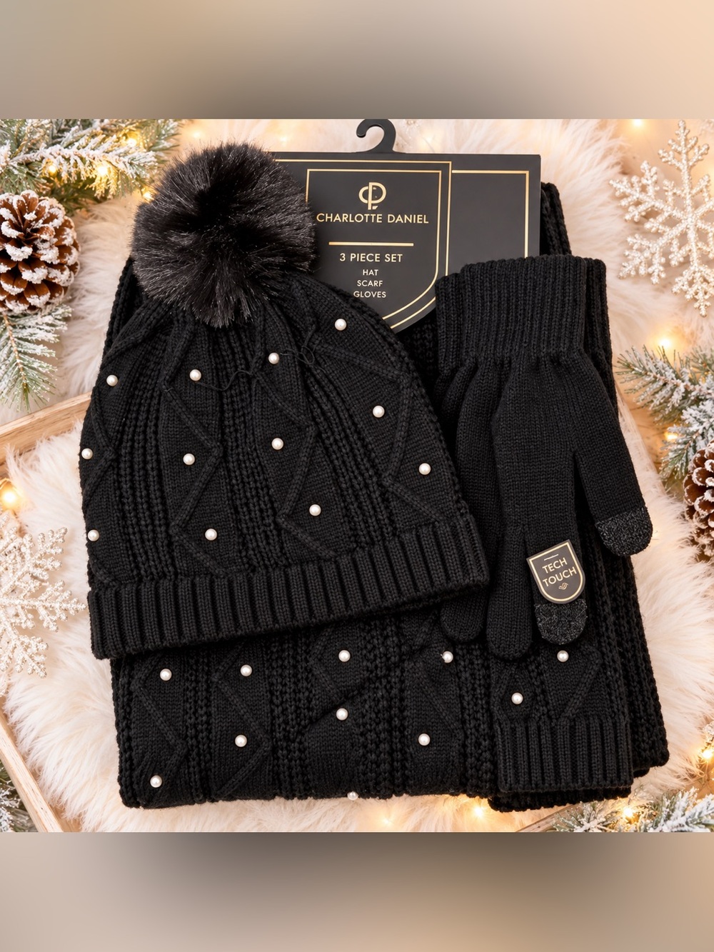 NEW Charlotte Daniel 3-Piece Winter Accessories Set Black Beanie, Scarf, Gloves